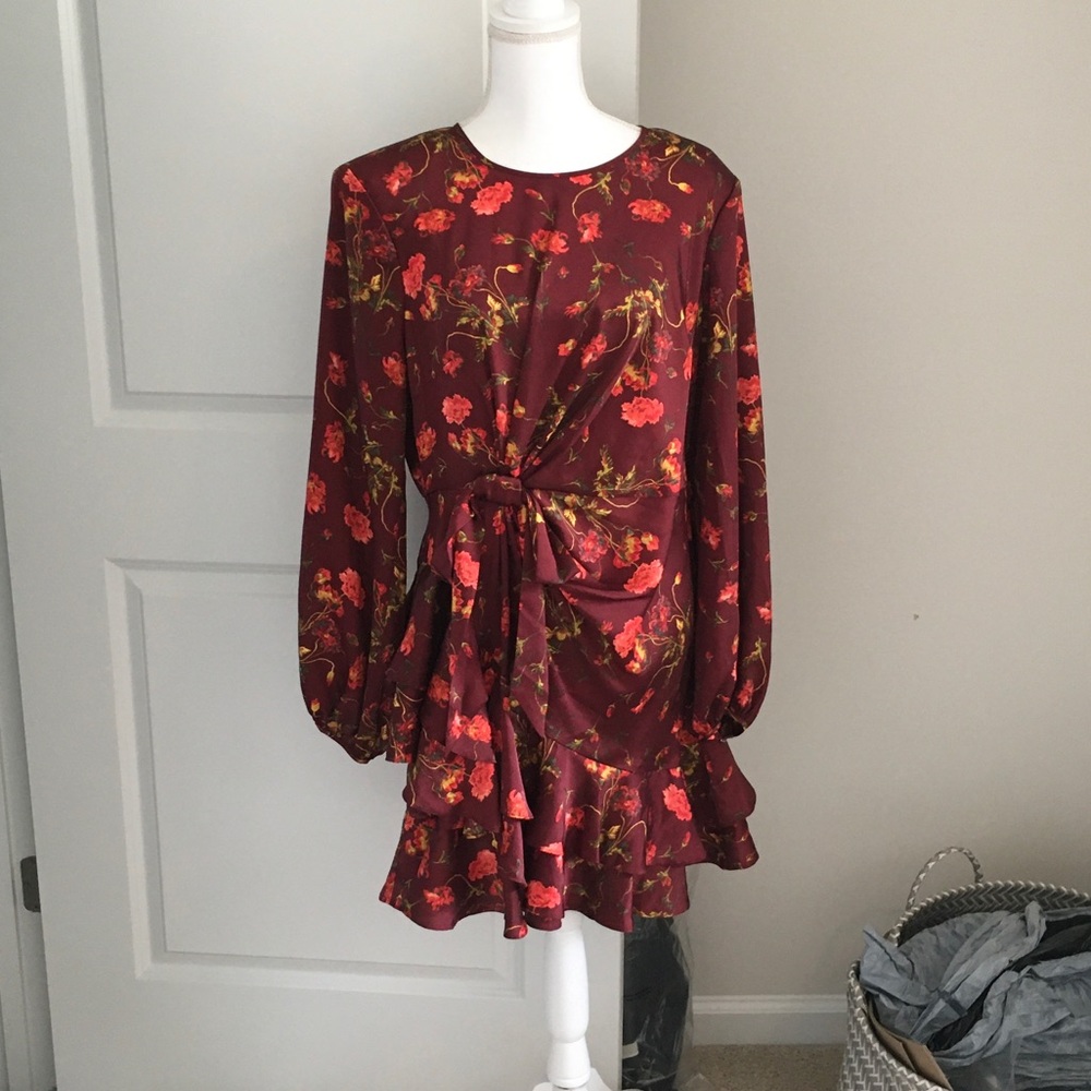 cinq a sept Burgundy Floral Long Sleeve Tie-Waist Mini Dress